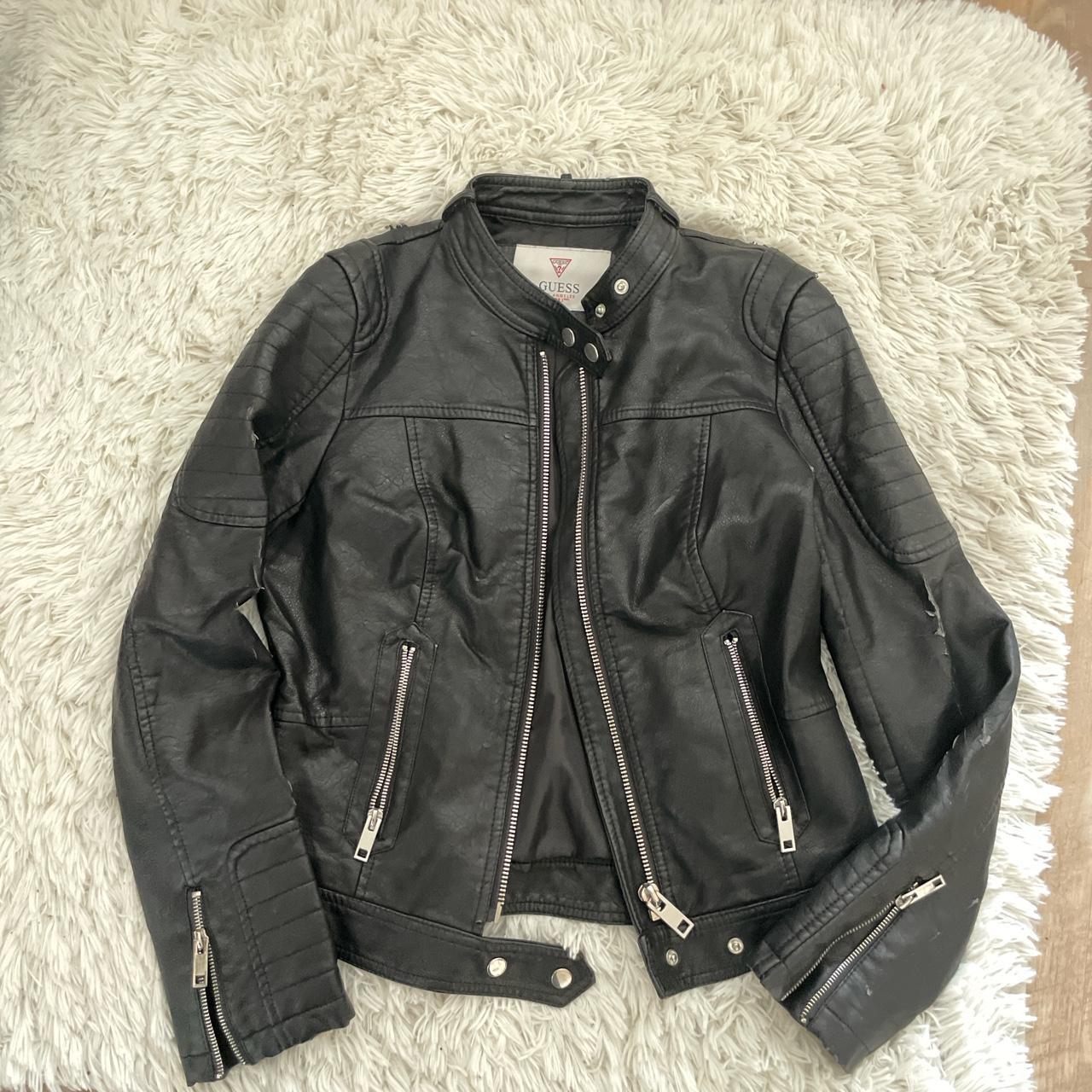 Guess leather zip-up jacket! Some damage on the... - Depop