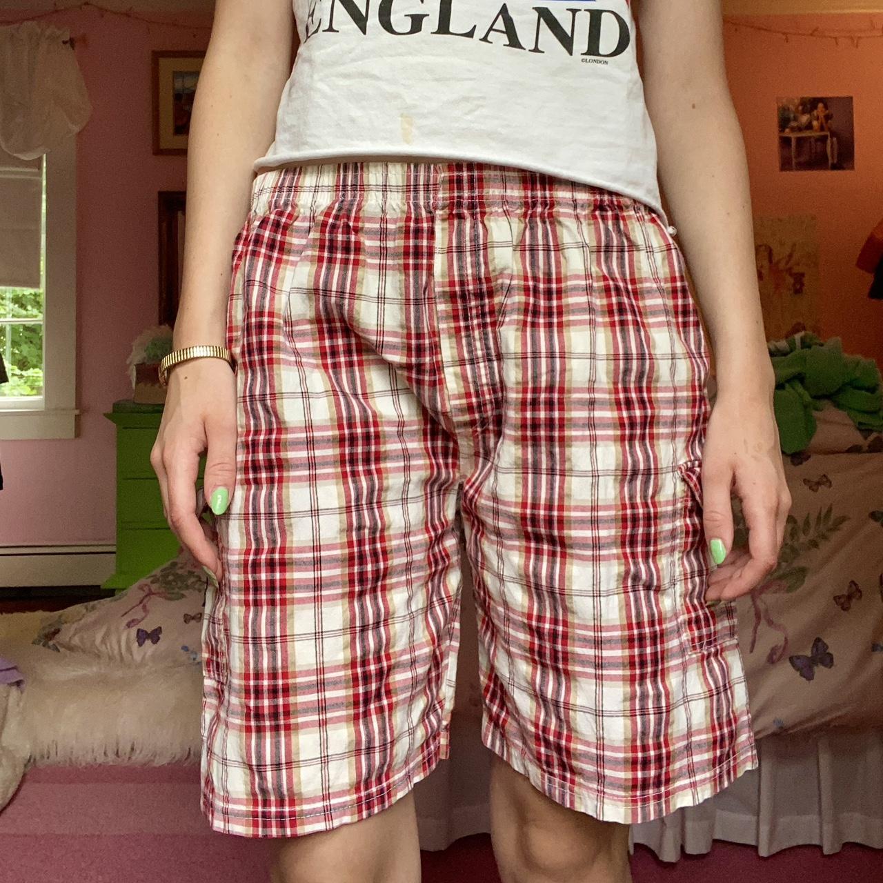 Red and store white plaid shorts