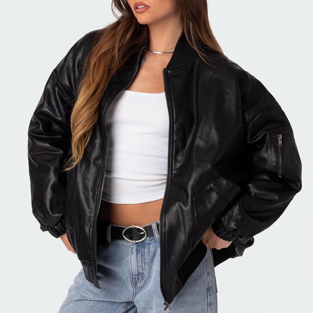 Edikted Faux leather oversized bomber jacket Super... - Depop