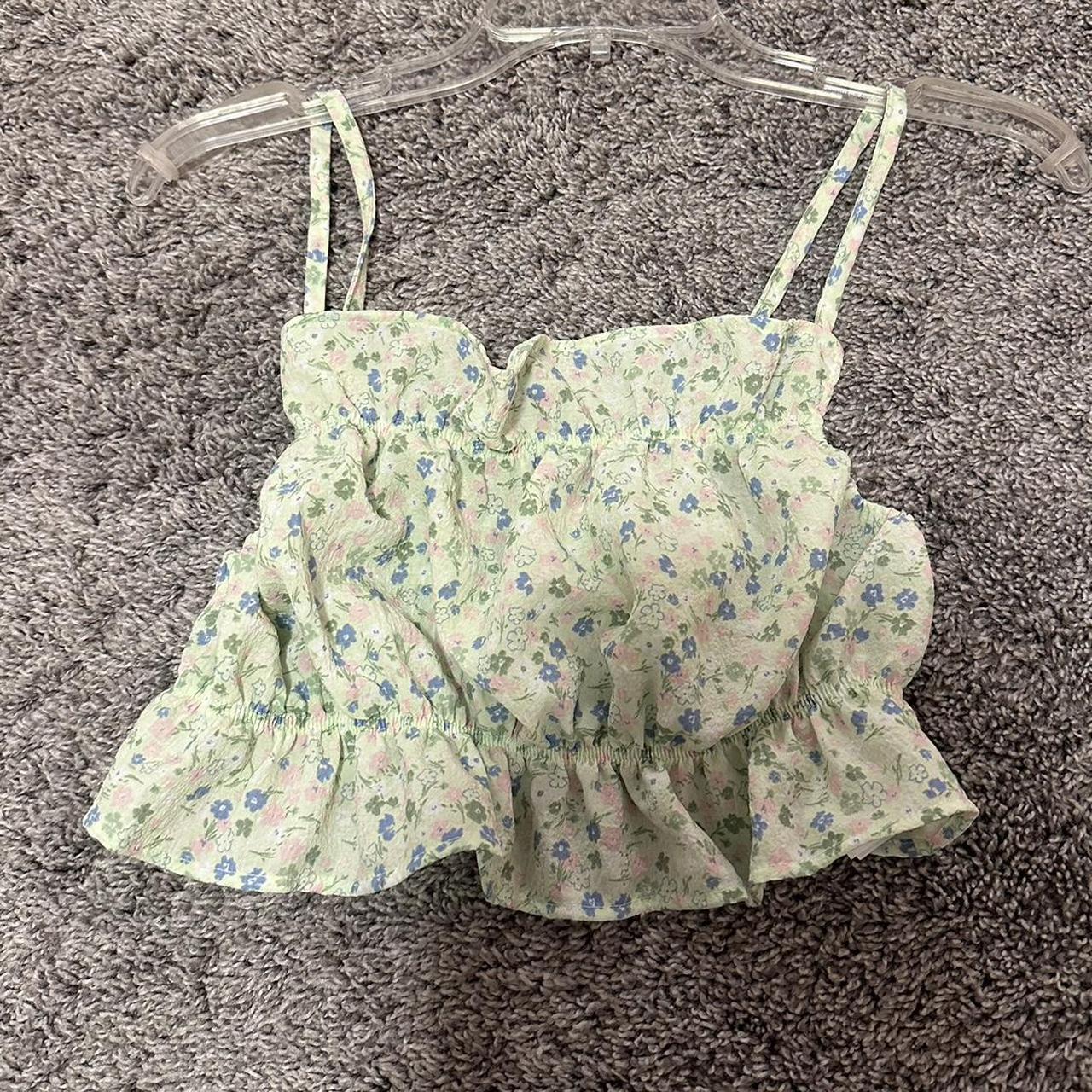 H&M green cropped ruffle tank with flowers on it.... Depop