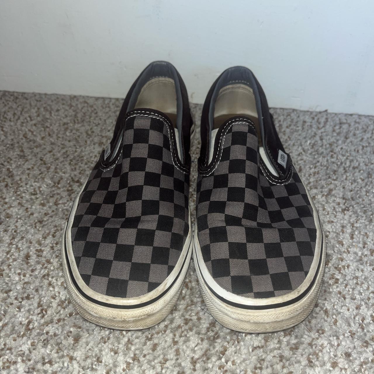 Dark grey/black checkered Vans slip-one - Depop