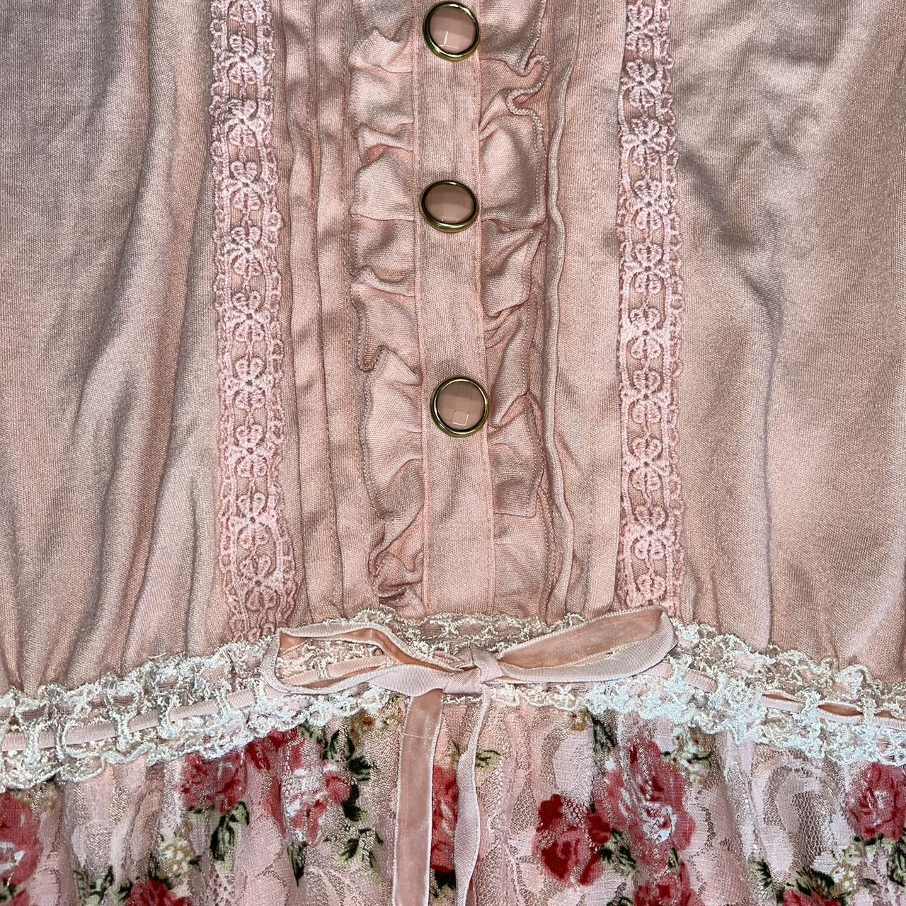 Pink floral tiered lace off shoulder button up... - Depop