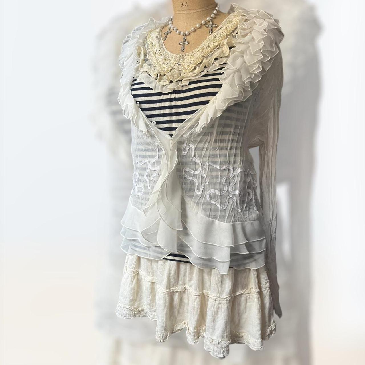 AXES FEMME white and navy striped lace ruffle frill... Depop