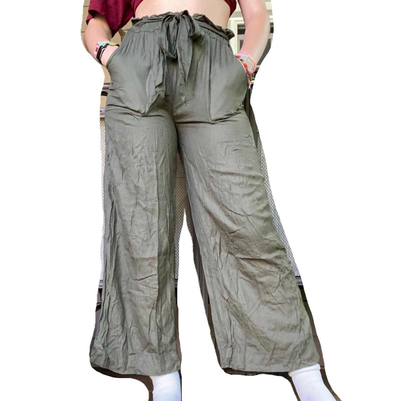 American Eagle Olive Green Flowy Pants with Tie... Depop