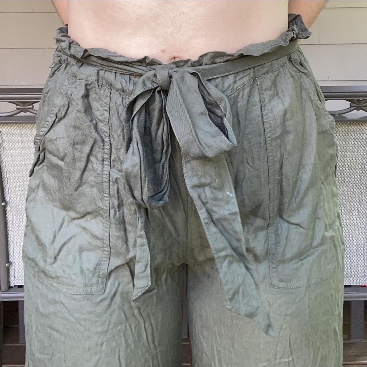 American Eagle Olive Green Flowy Pants with Tie... Depop