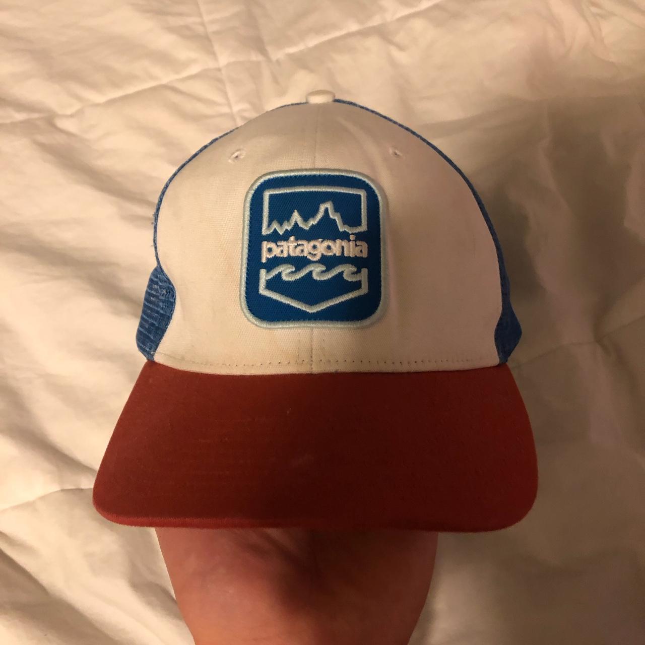 patagonia red white and blue trucker hat new - Depop