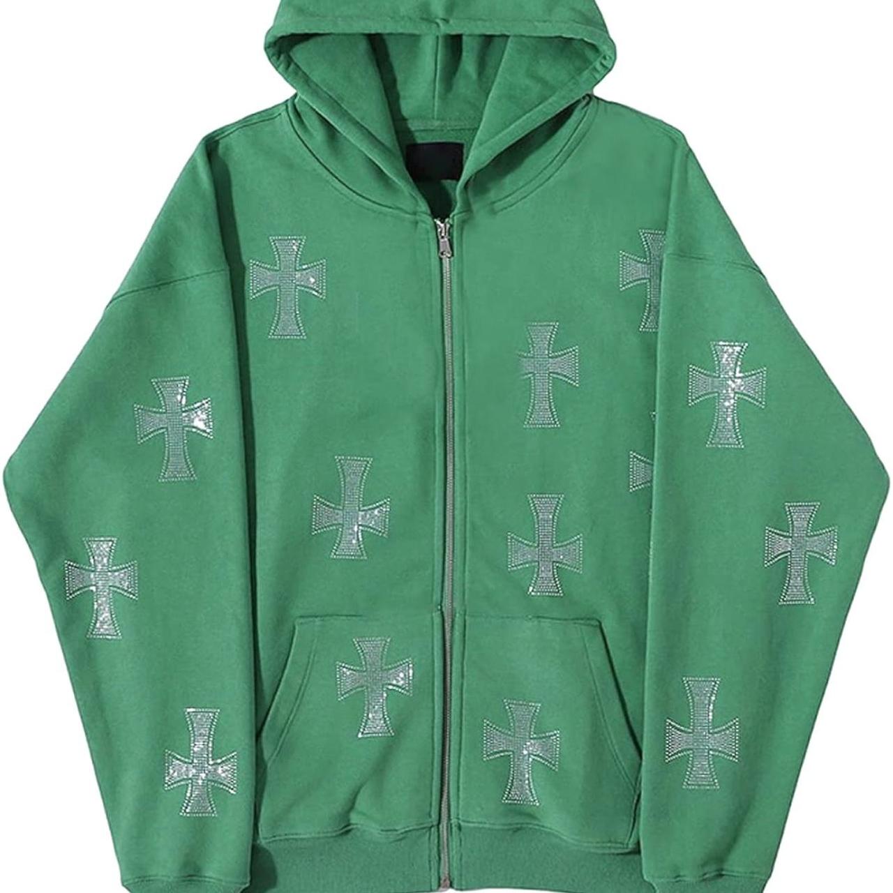 ･ﾟ: * GREEN RHINESTONE CROSS HOODIE ･ﾟ:... - Depop