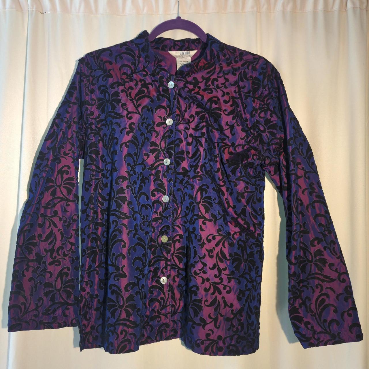 Button-down shirt, shiny purple with velvet accents. - Depop