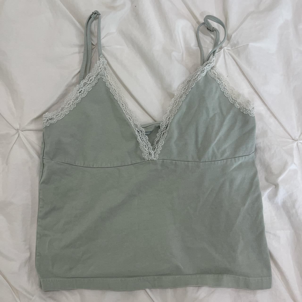 sage green cami with white lace trim, adjustable... - Depop