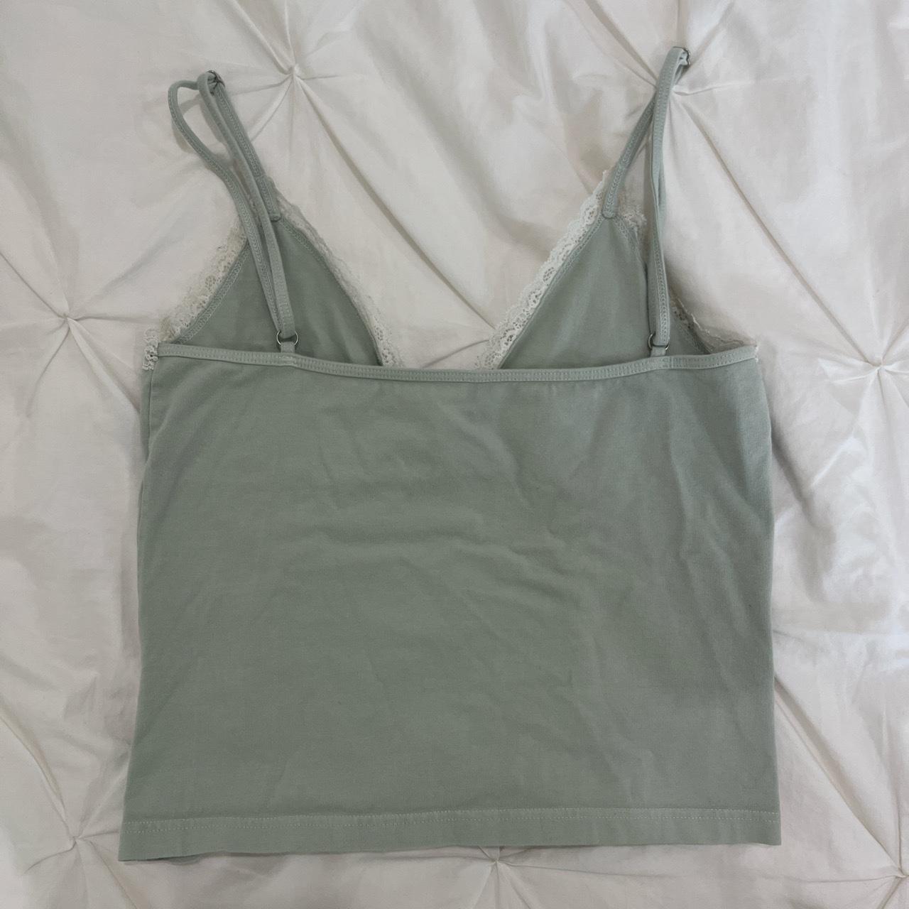 sage green cami with white lace trim, adjustable... - Depop