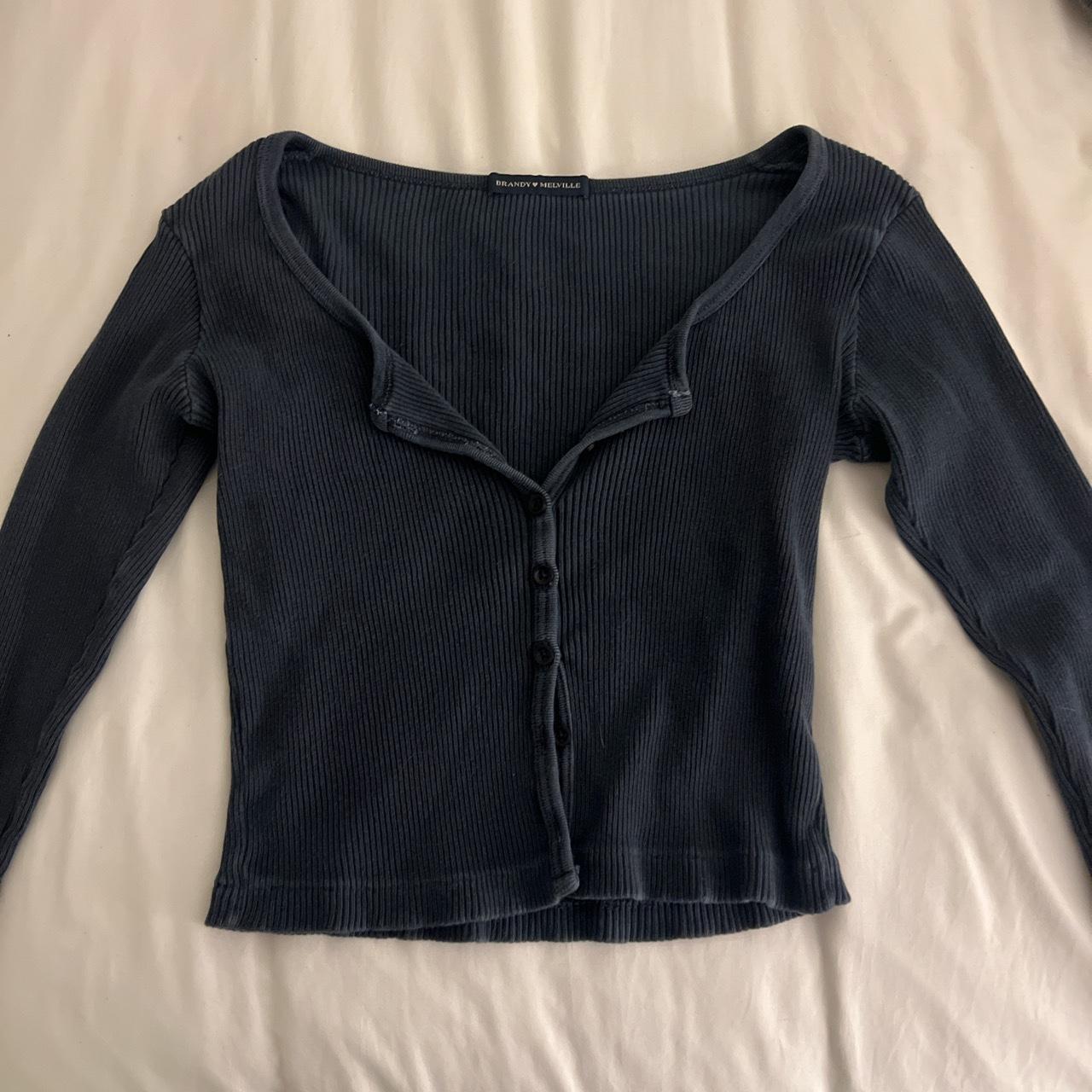 Brandy Melville Dark Blue Long Sleeve Button Up Top.... - Depop