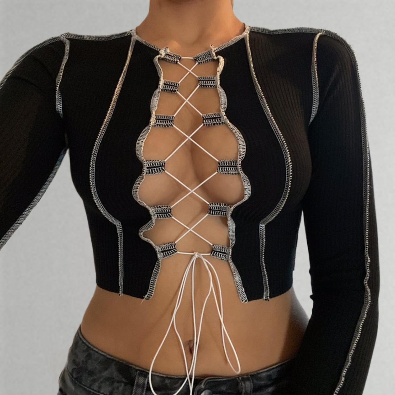 lace up reverse patchwork top