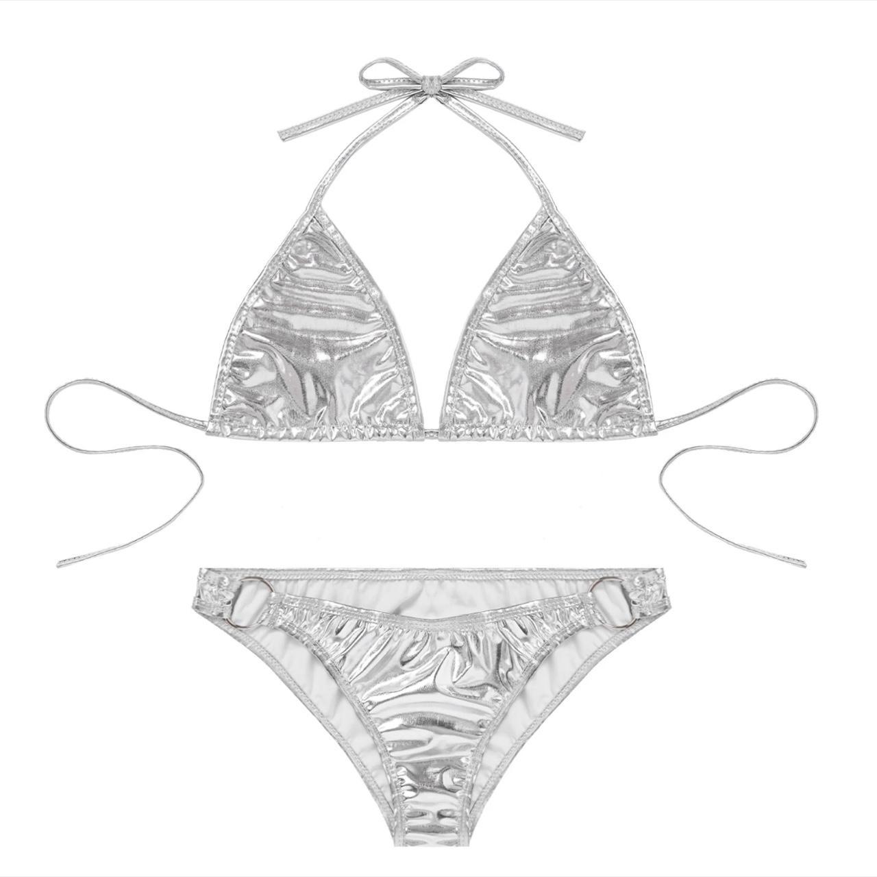Metallic silver bikini bottoms o ring bikini pvc... Depop