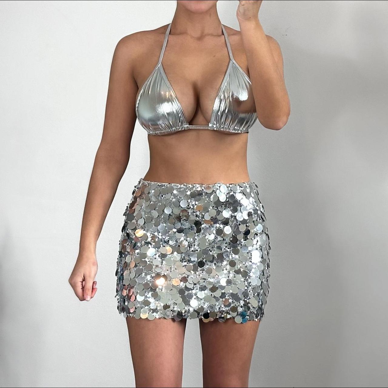 Women's Metallic Rave Outfit Sequin Silver Crop Top Bra Skirt