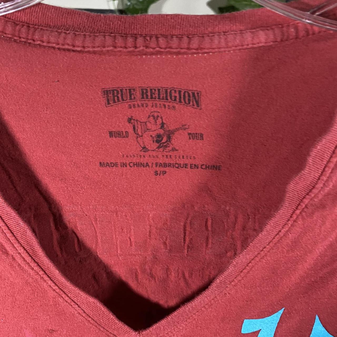 True Religion Women's Red and Blue Tshirt Depop