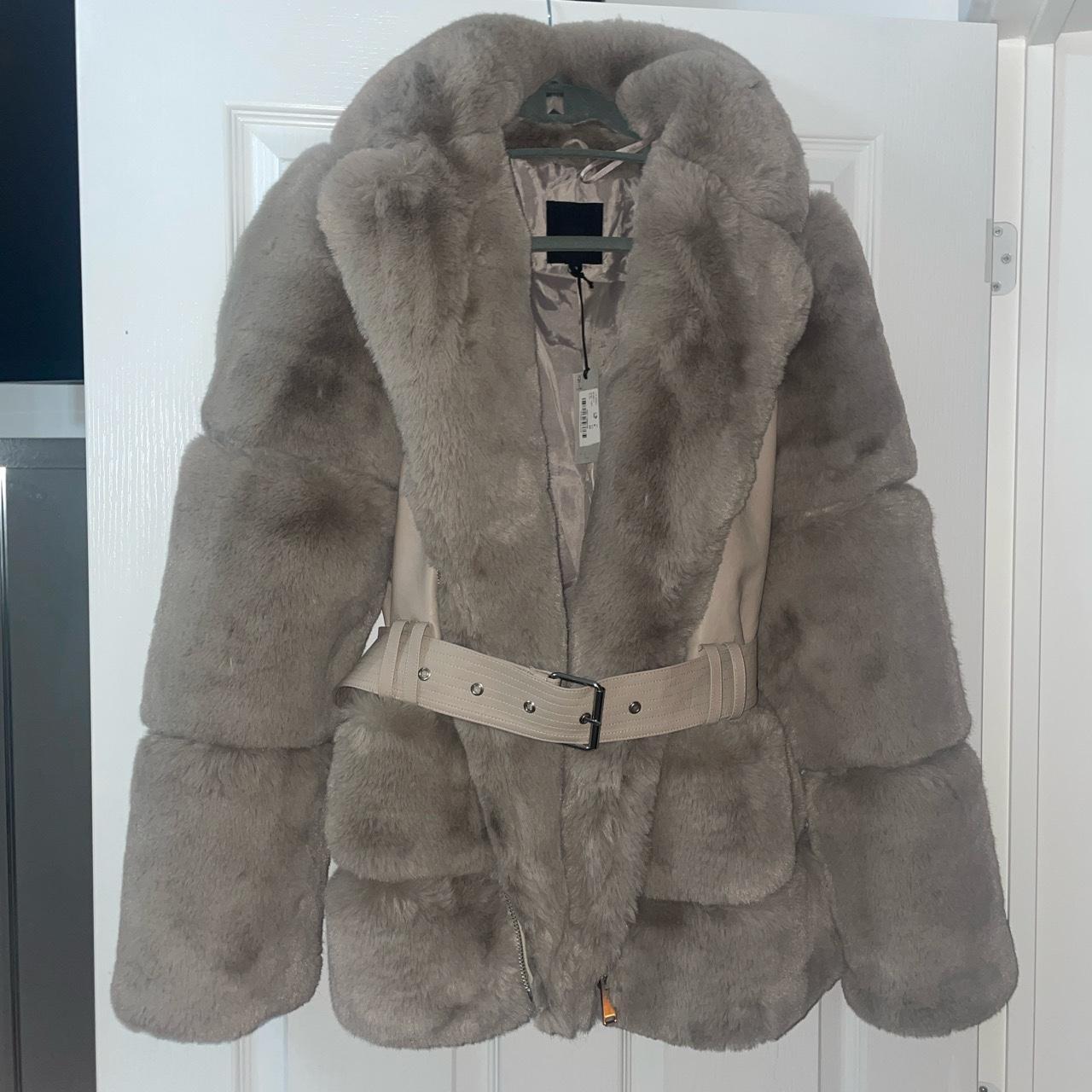 Beige fur coat with belt, zips up too Size 8 Brand... - Depop
