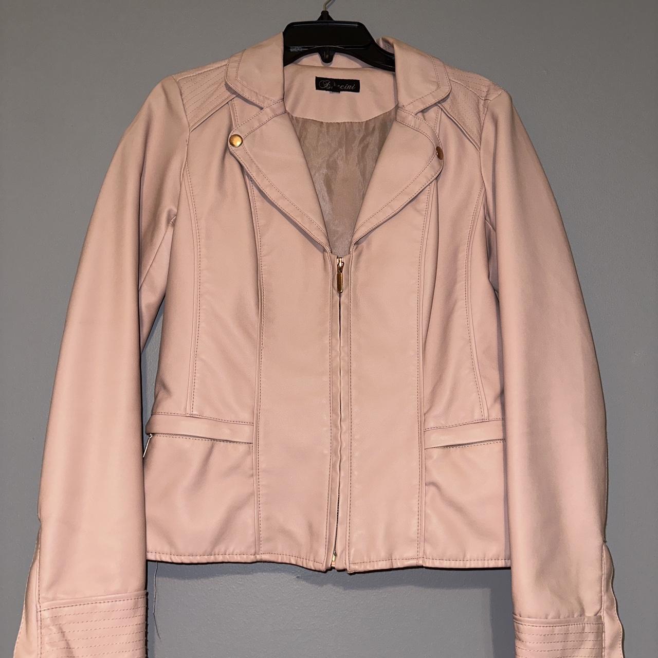 Baccini Dusty Rose Faux Leather Jacket with rose... Depop