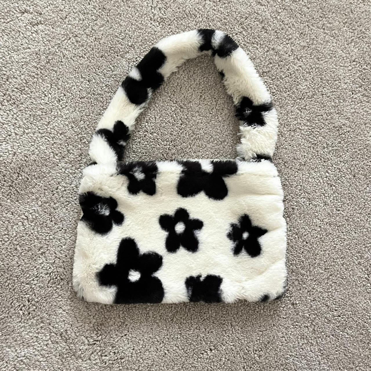 Black and white fuzzy flower bag sale