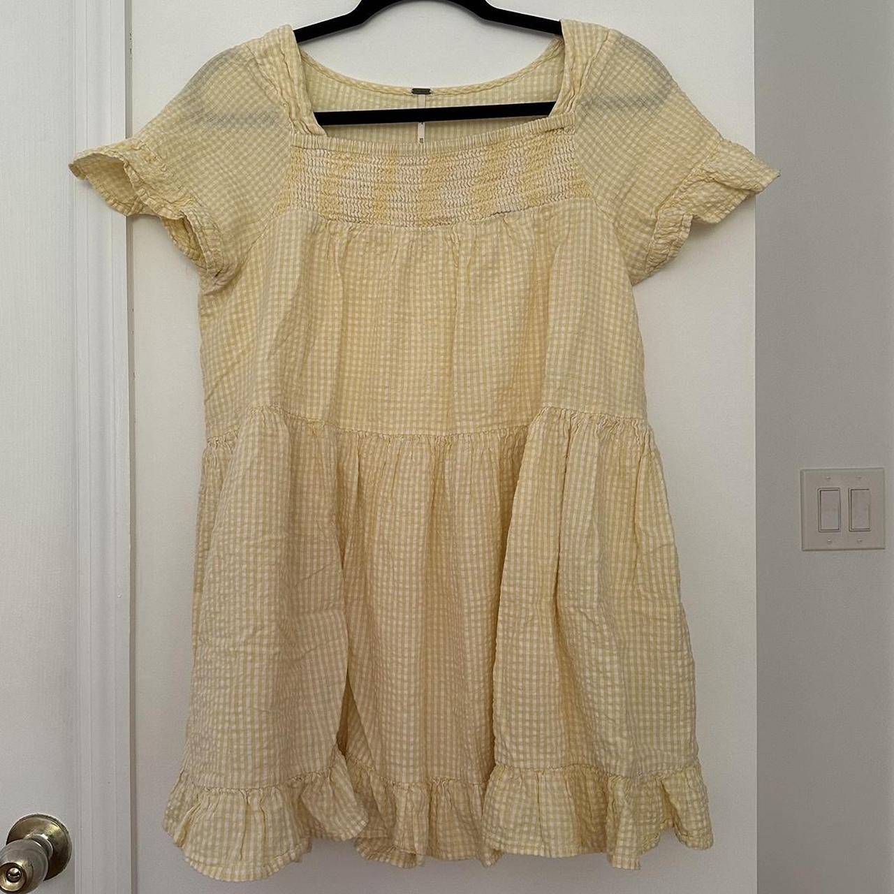 Free People Women's Yellow and White Dress | Depop