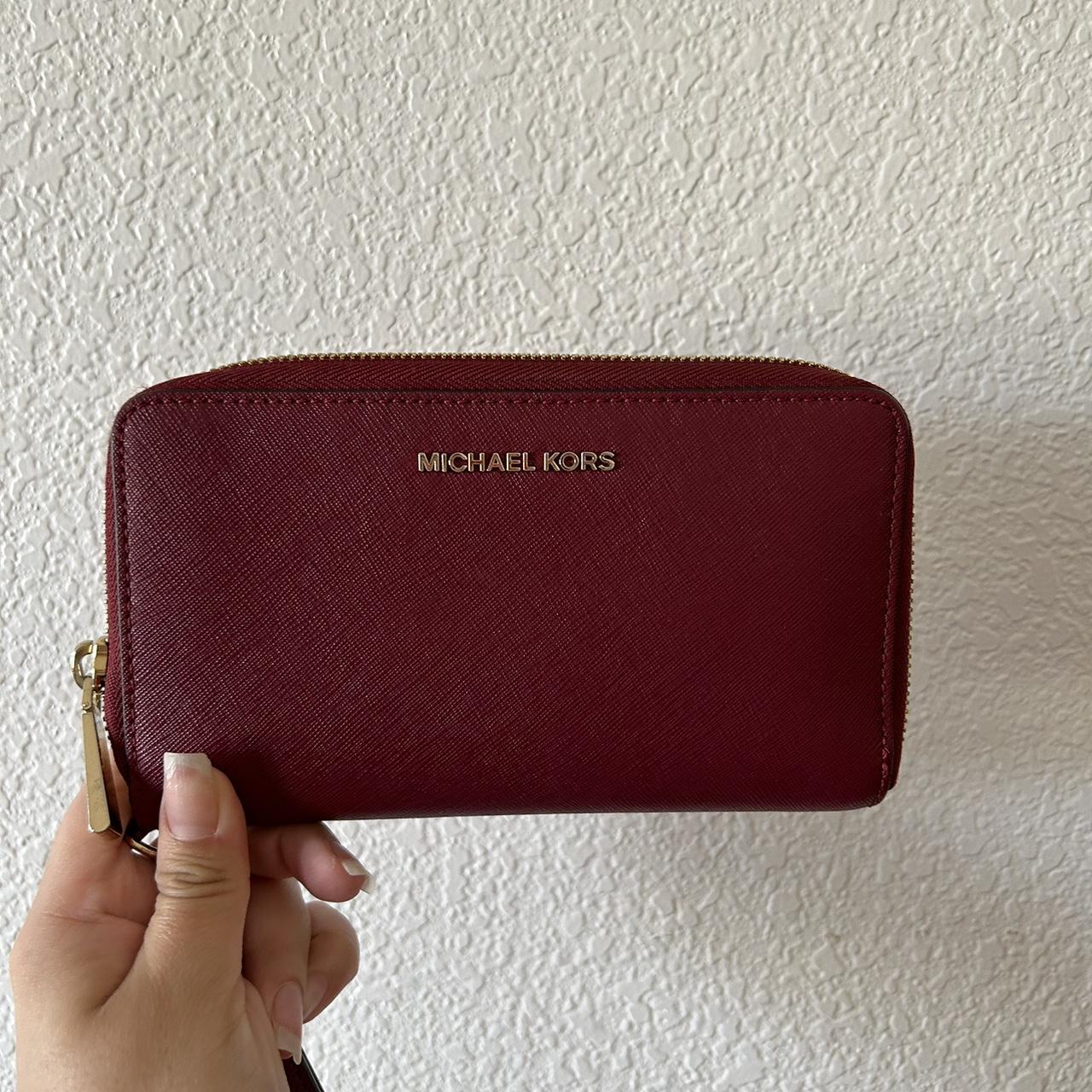 Red micheal kors wallet with wristlet with gold - Depop