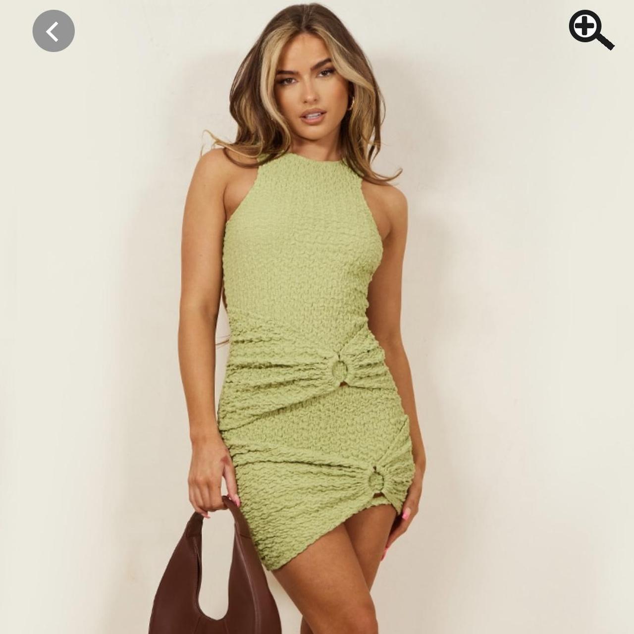 green metallic asymmetrical ring detail bodycon dress