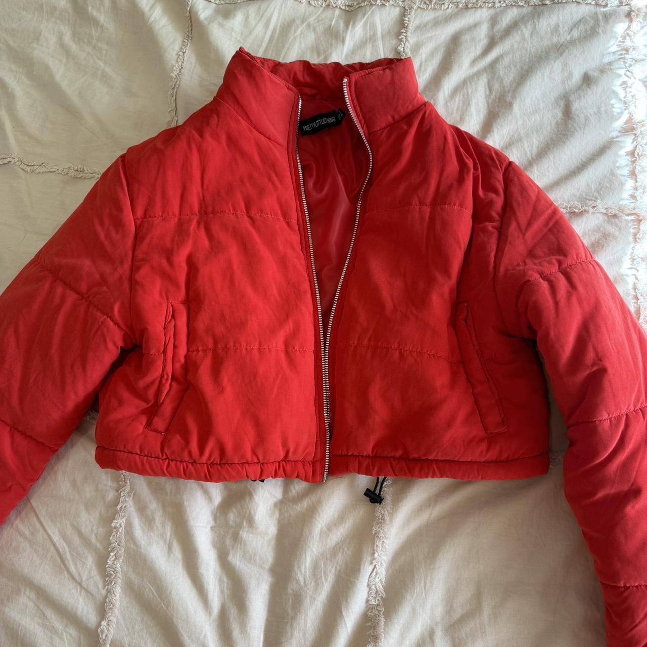 Red cropped puffer jacket size 8 ️ - Depop