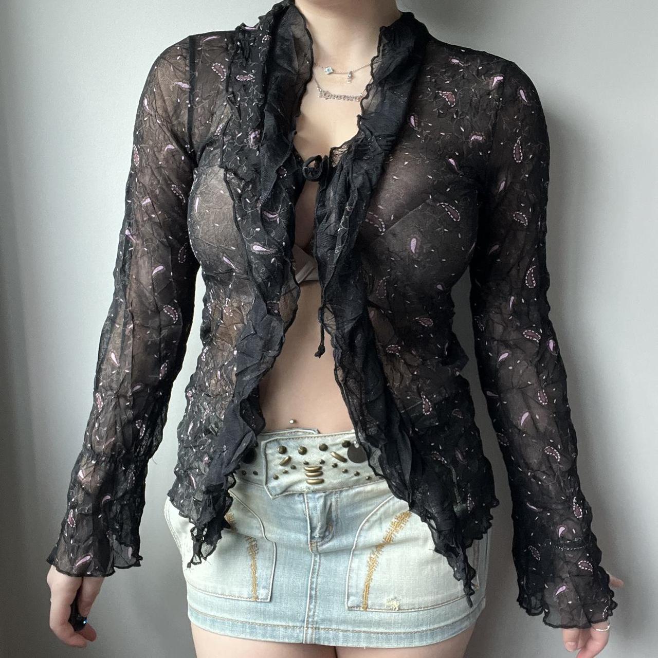 Black mesh long sleeve top with flared sleeves Tie... - Depop
