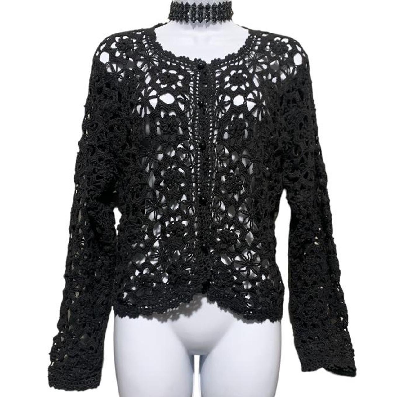 Black vintage floral crochet cardigan size large but... Depop