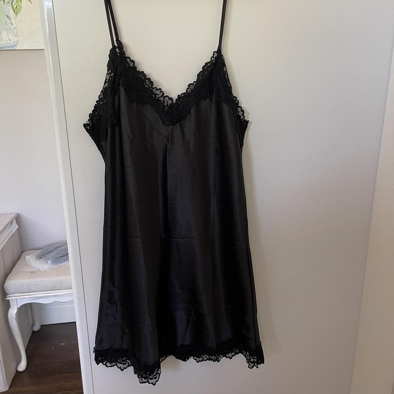 black satin lace slip nightie cami dress size... - Depop