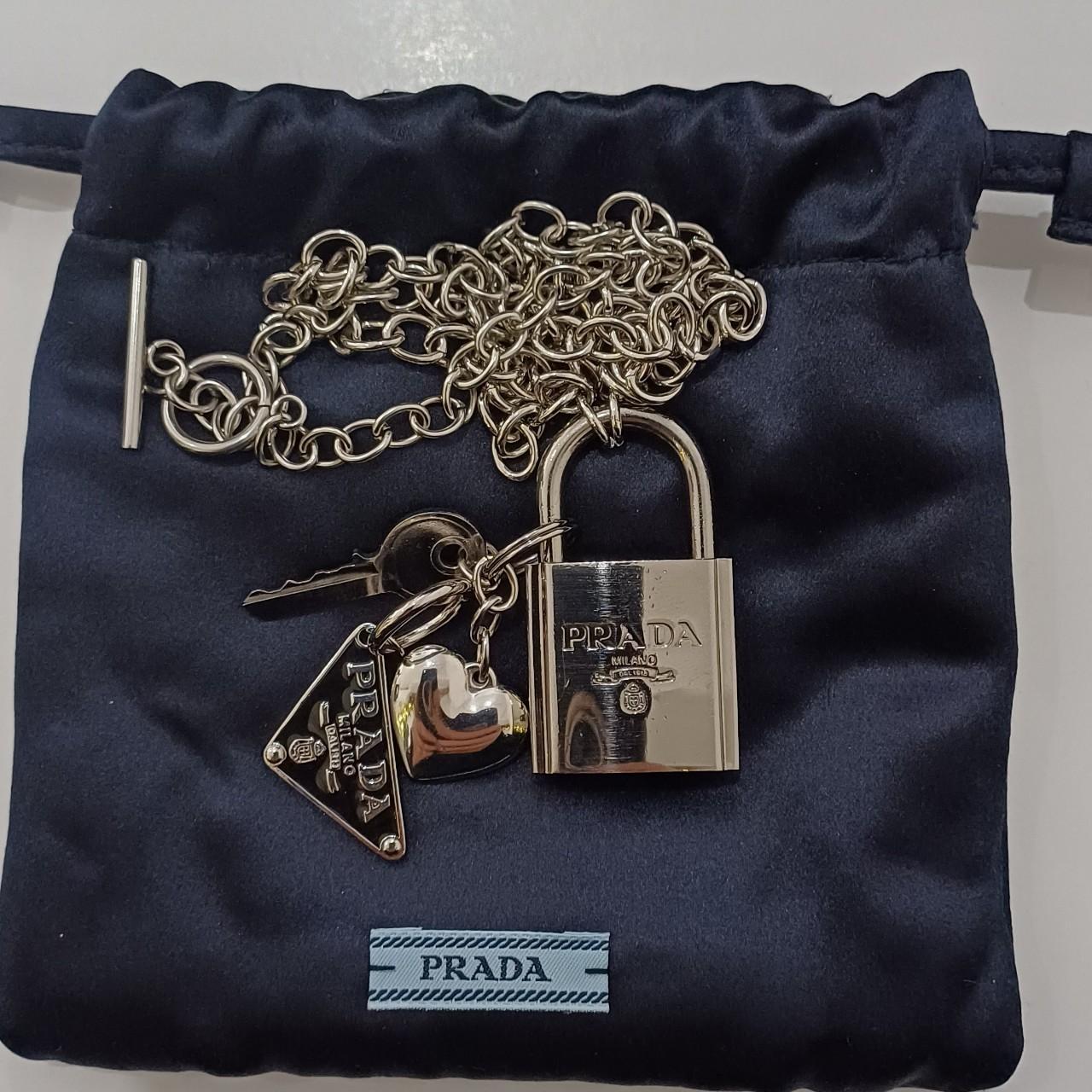 PRADA Silver Tone Heart Key Padlock Necklace