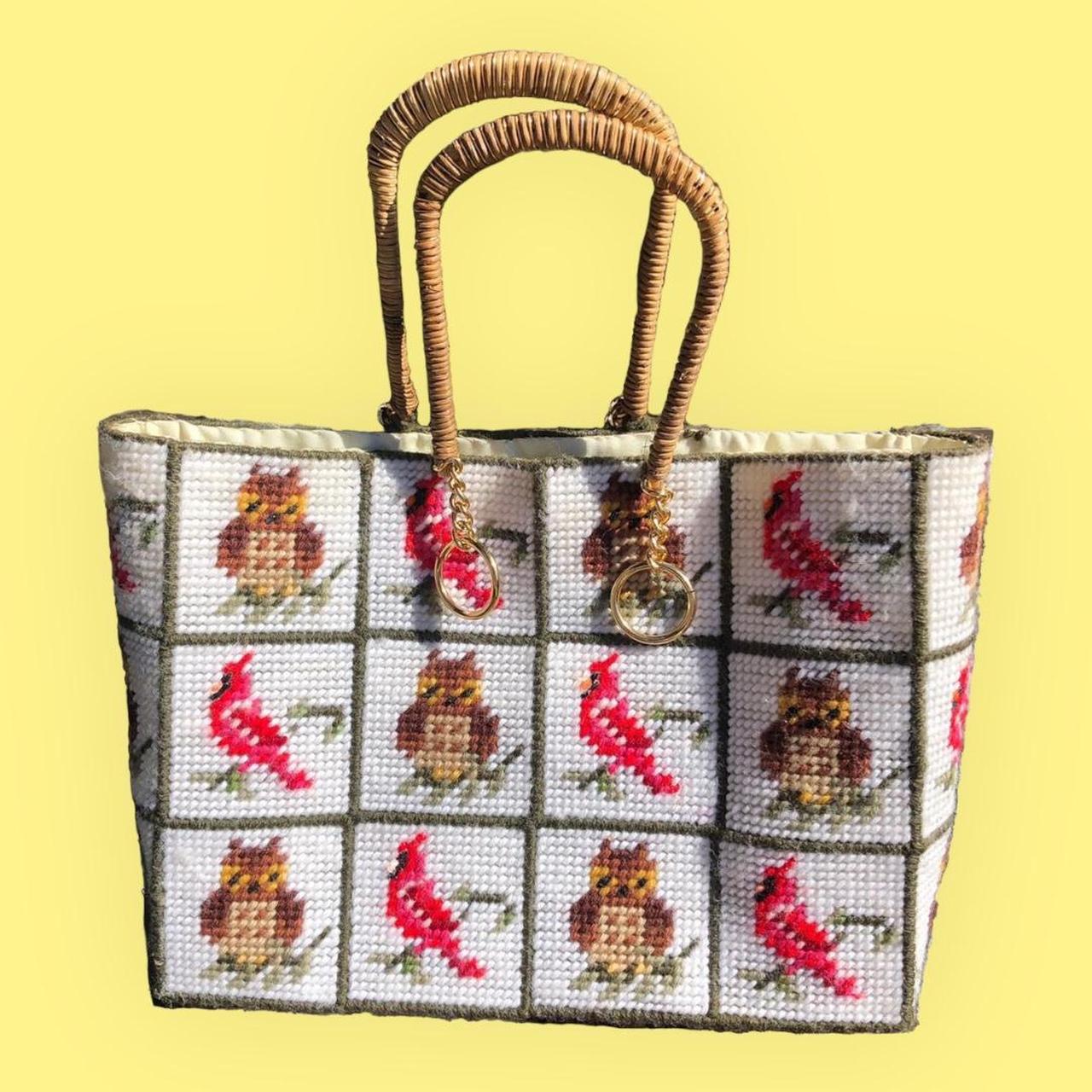 1970s owl and cardinal patchwork needlepoint bag - Depop
