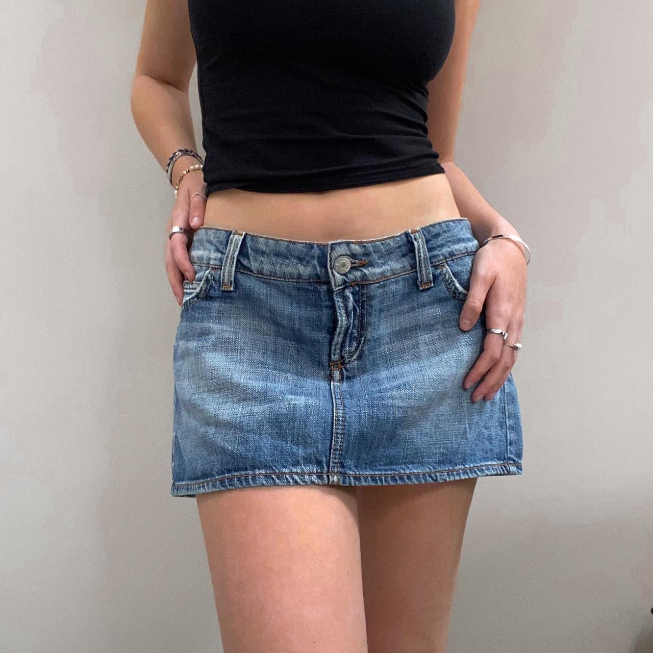 Description: Low Rise Denim Mini Skirt Seen on: UK... - Depop