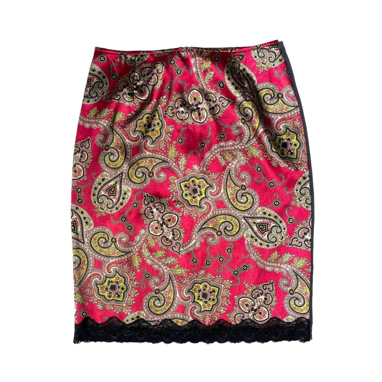 vintage y2k red paisley print silky satin midi skirt... - Depop