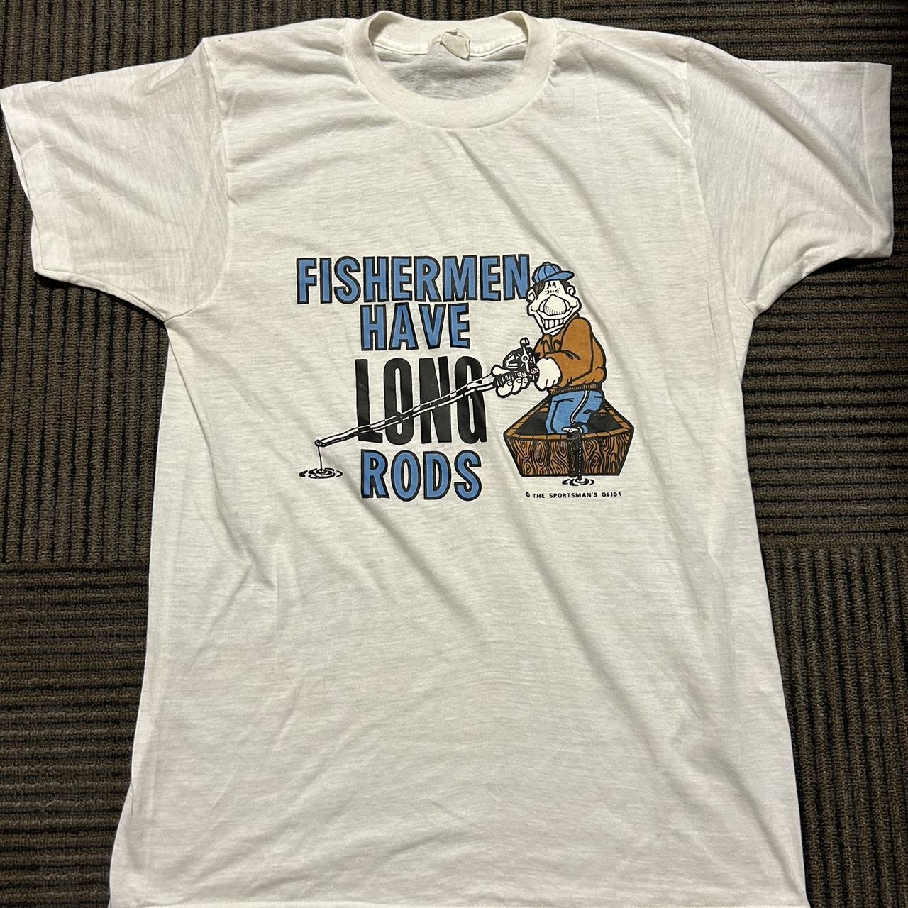 80’s Funny Long Rod Fishing Tee, Size Large, Fits... - Depop