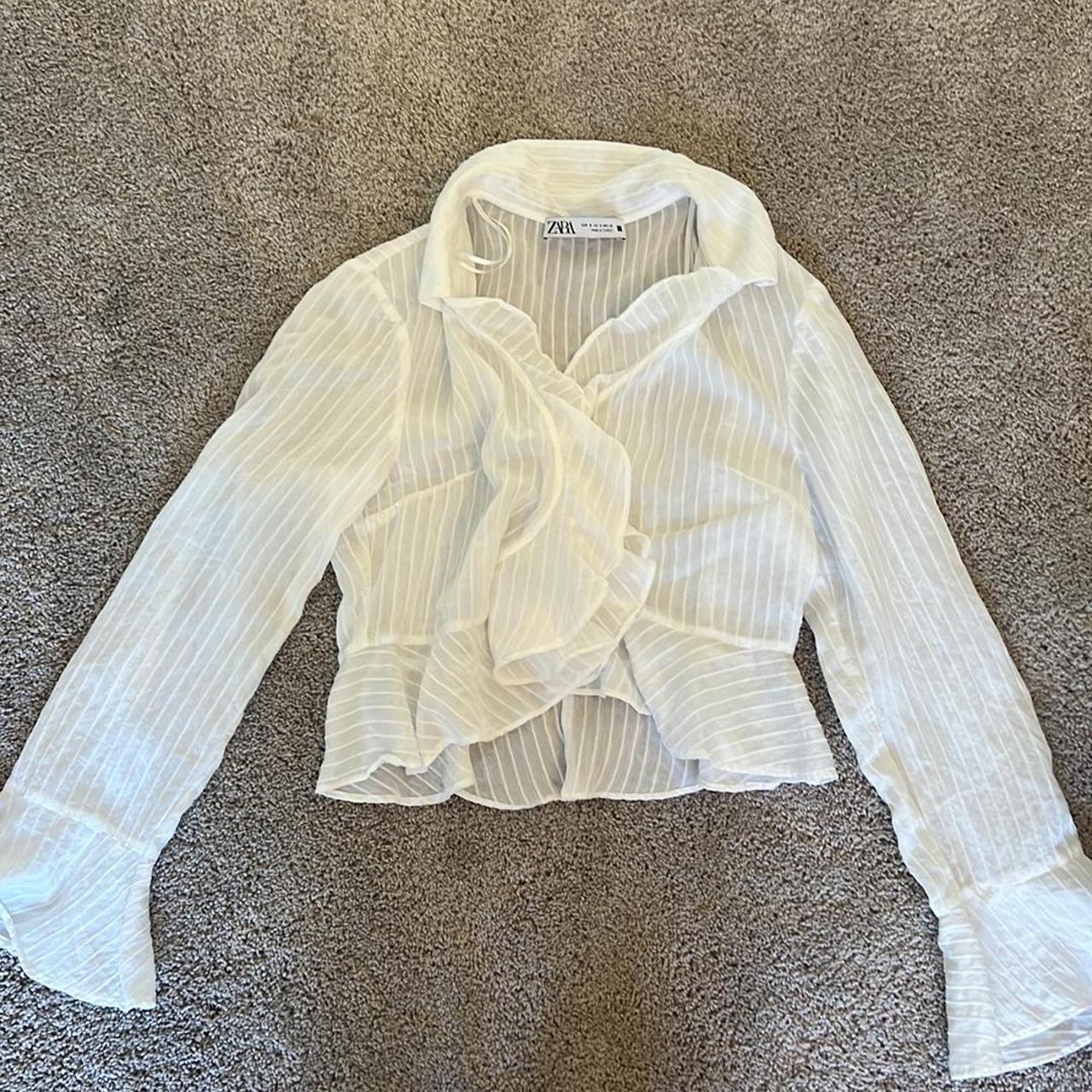 Zara long sleeve white shirt with ruffle... - Depop