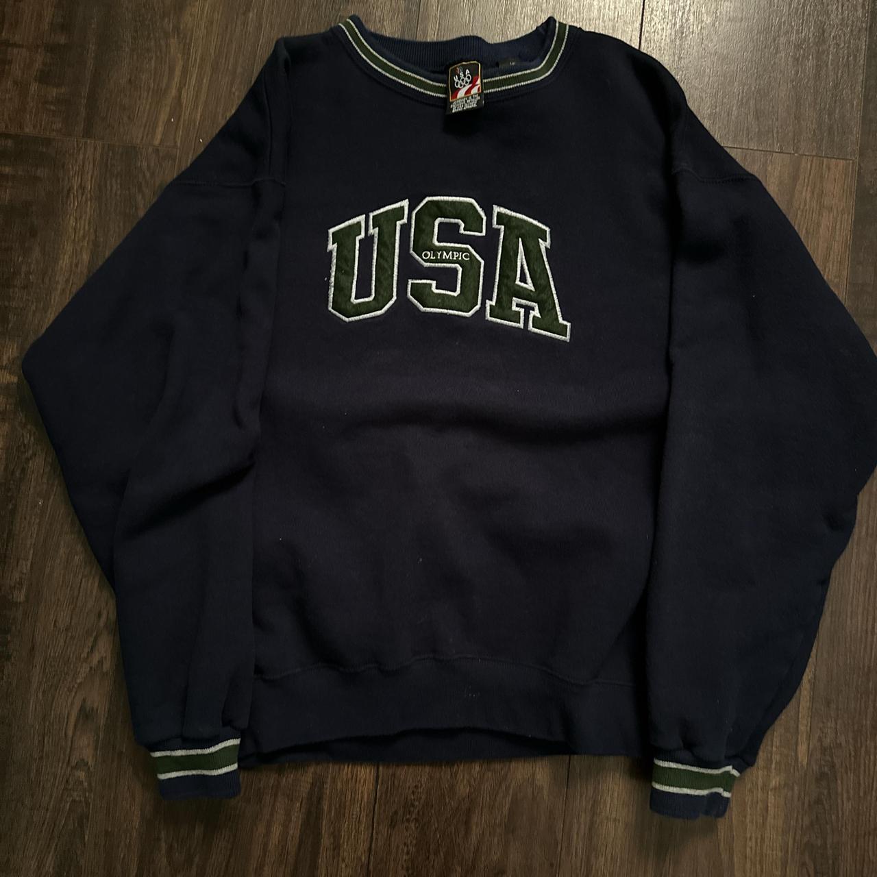 Navy and green vintage USA crewneck sweatshirt - Depop