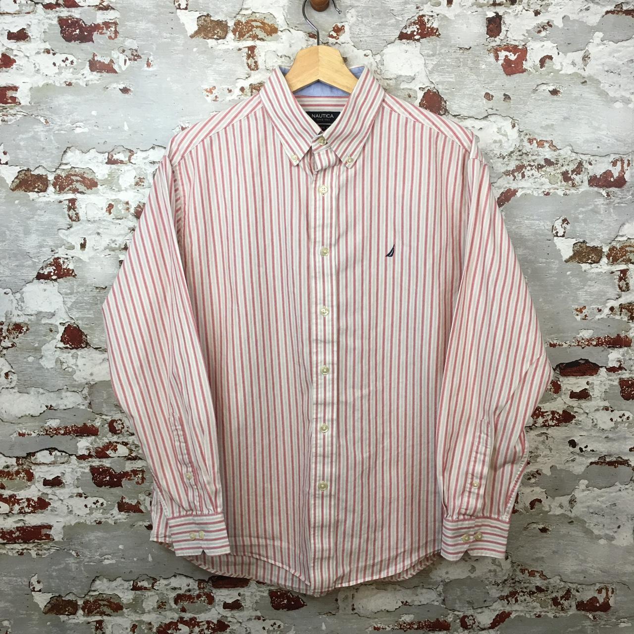 😃 Nautica Shirt Medium M White Pink Stripped Long... - Depop
