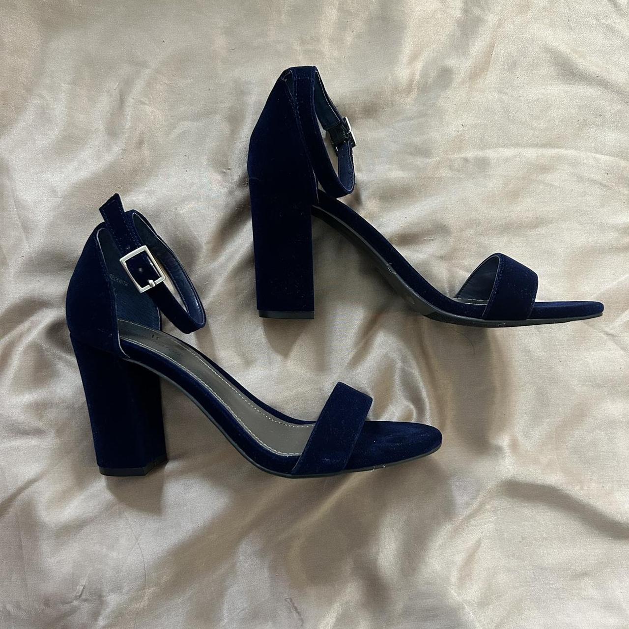 Dark Blue Velvet High Heels thick block 3 inch... - Depop