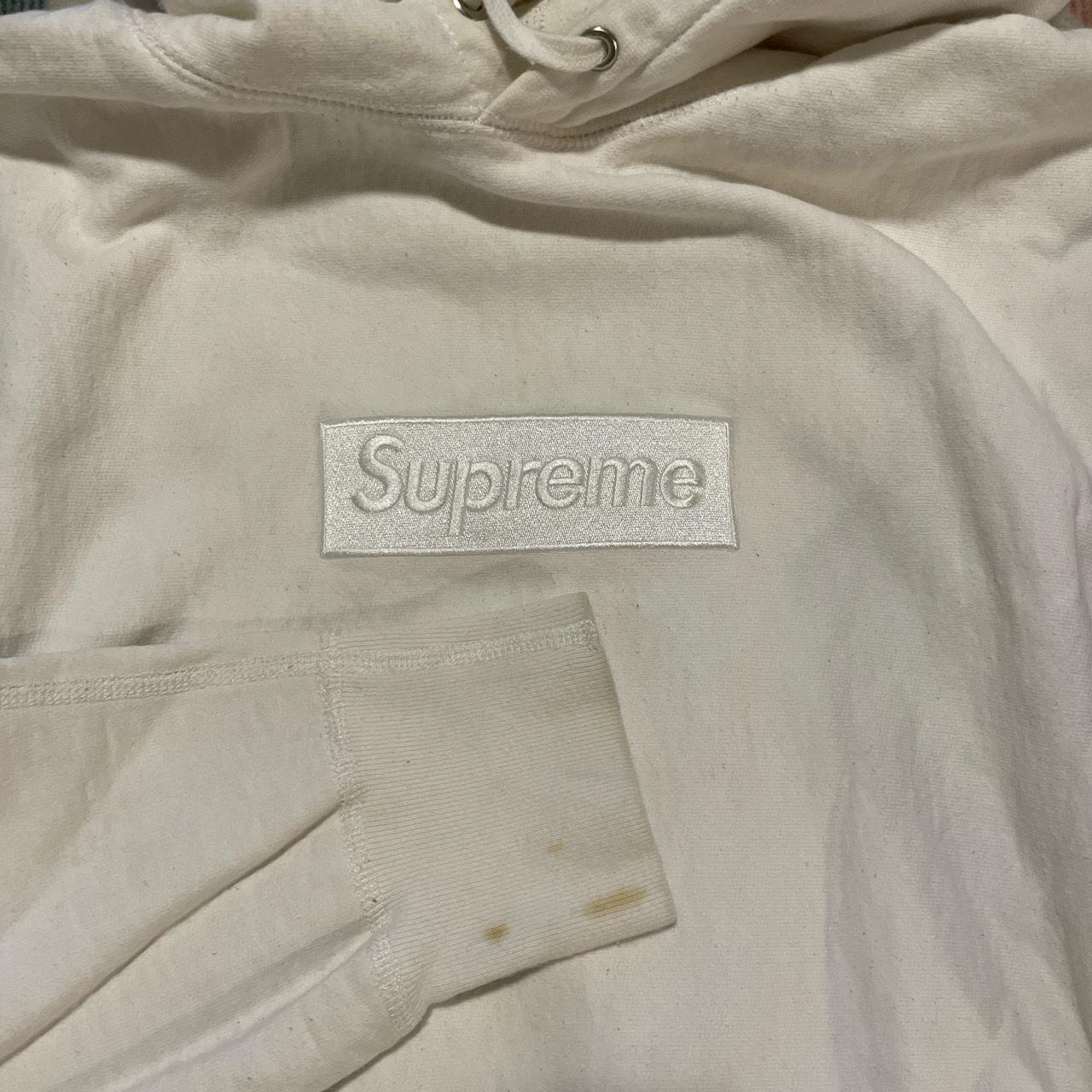 Supreme White Box Logo Hoodie. Stains through out... - Depop