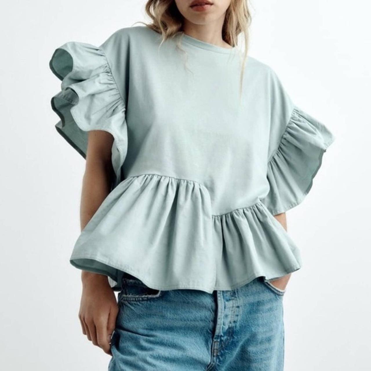 Zara Women's Blue and Green Blouse Depop