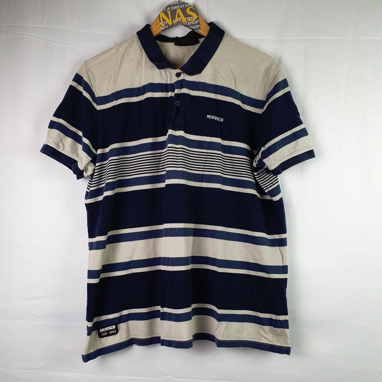 y2k grey navy striped McKenzie polo shirt size... - Depop