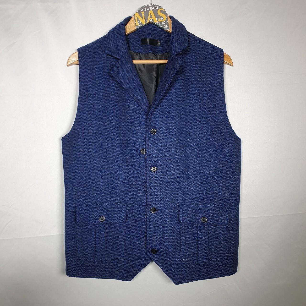 navy tweed look waistcoat size large pit to pit... - Depop