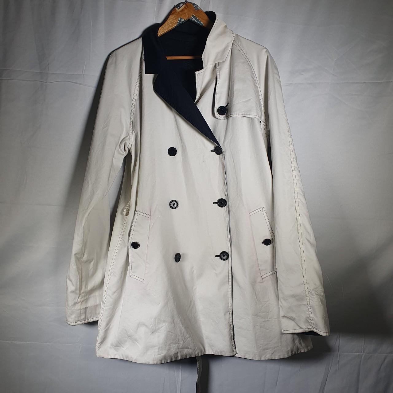 jaeger white / navy reversible pea coat size... - Depop