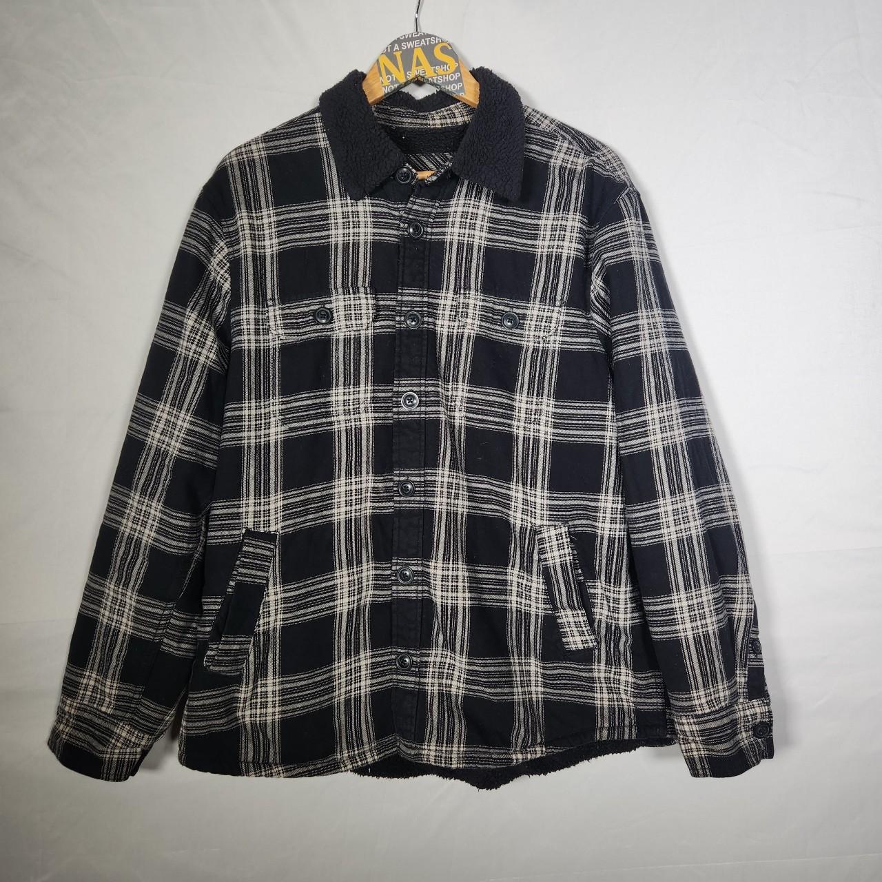 navy white check sherpa mens coat f F size. Depop