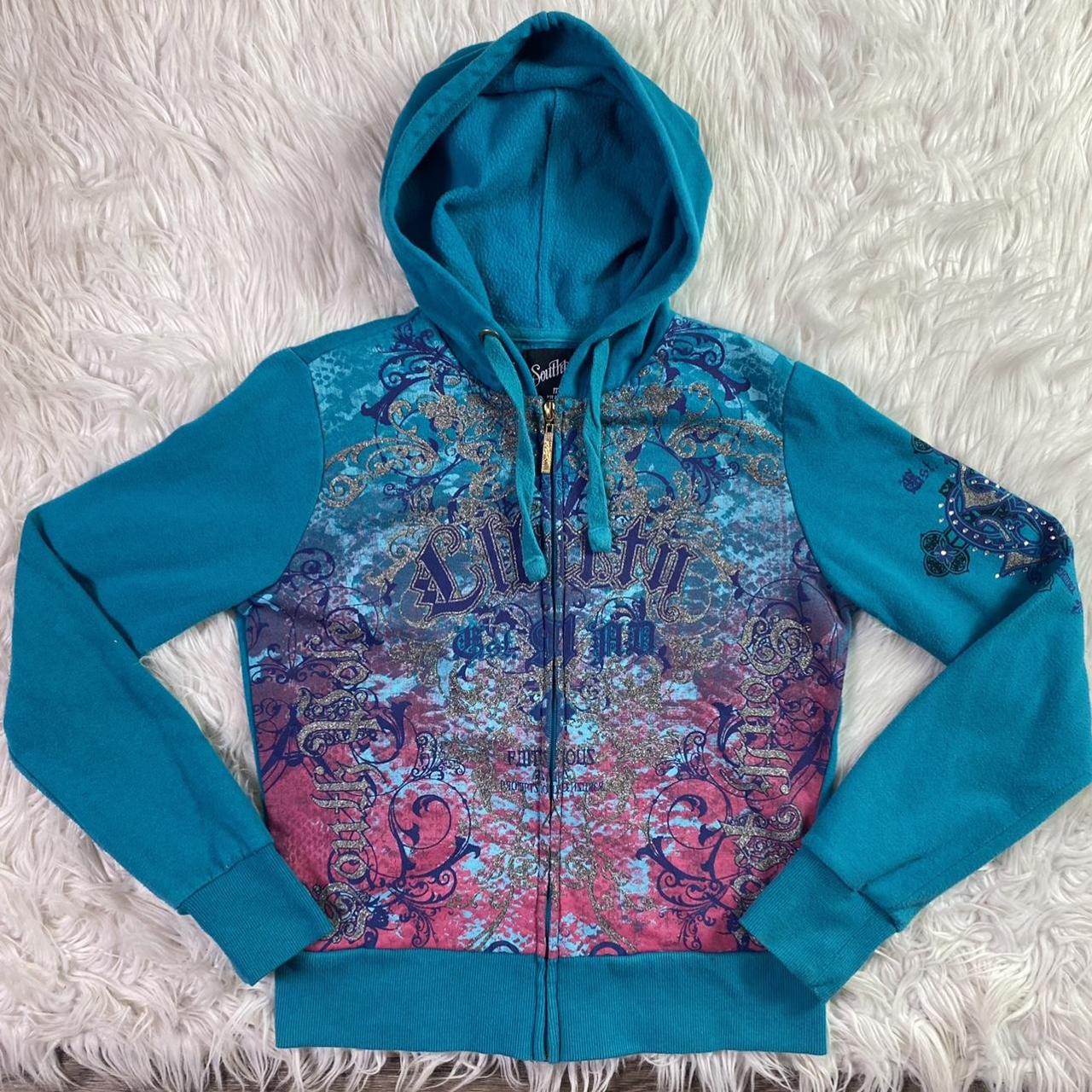 Cyber Y2k Graphic Zip Up Jacket early 2000s teal... - Depop