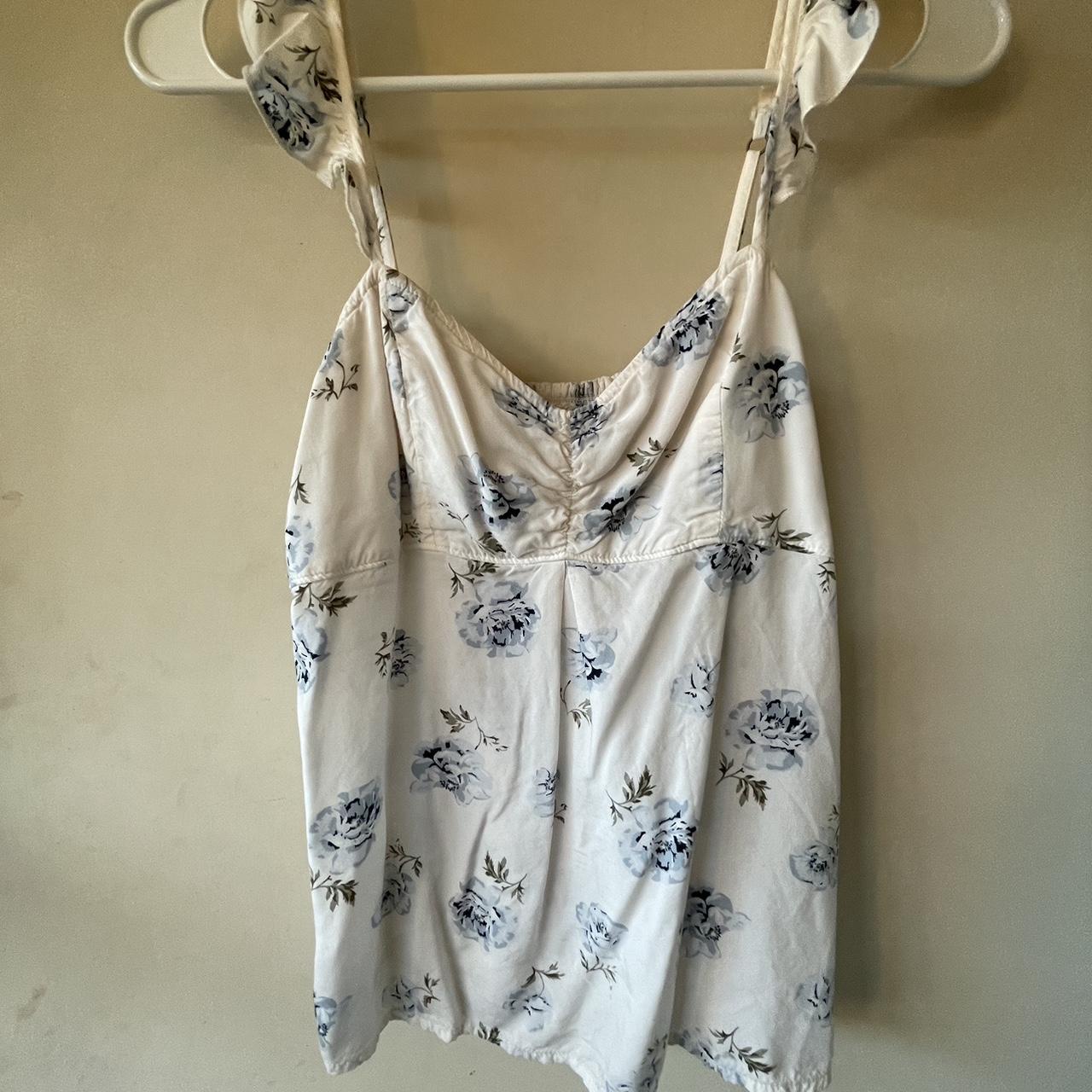 White Abercrombie & Fitch tank top with blue rose... - Depop