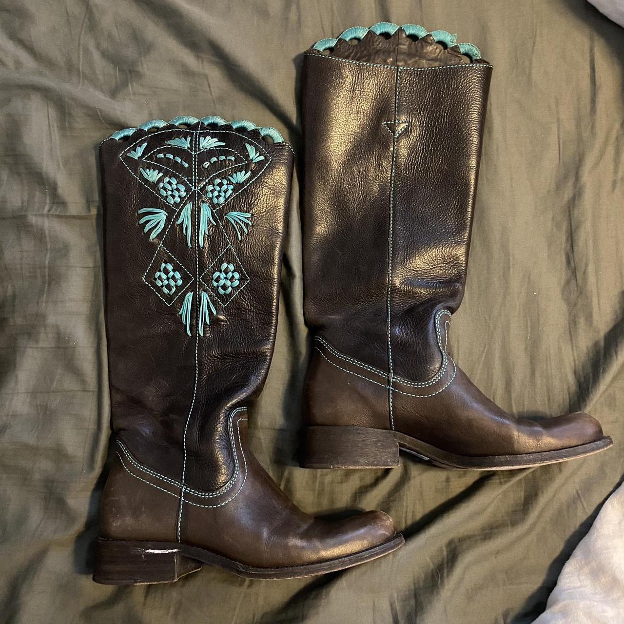 BCBG Brown and blue leather boots with a western. Depop