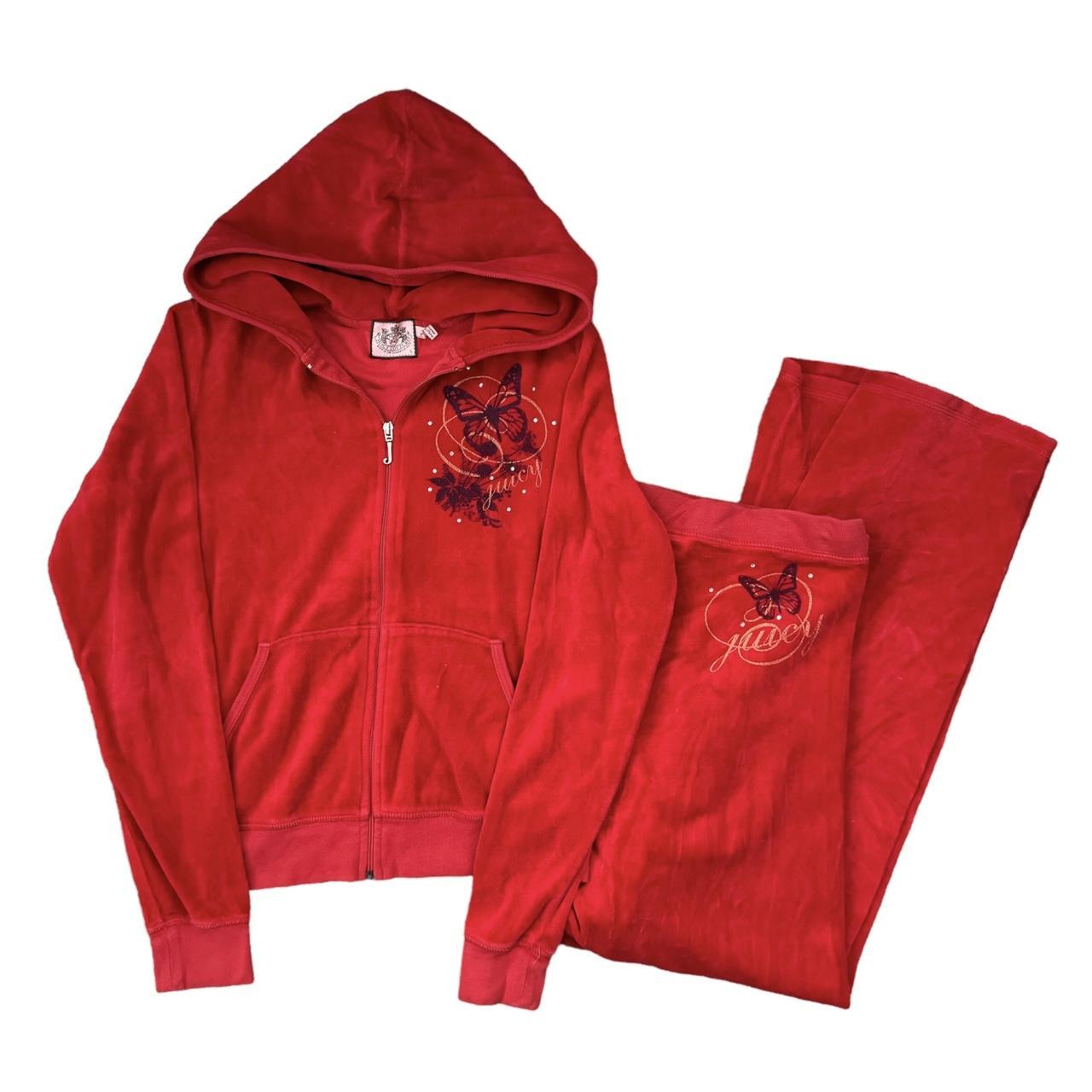Rare Juicy Couture TrackSuit Set Red Velour Medium Jacket Pants