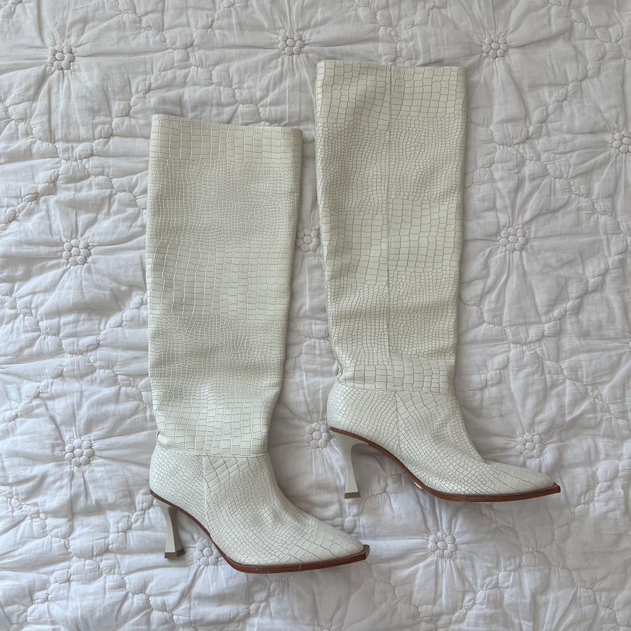 Vincenza square toe cream high boots croc/snake... - Depop