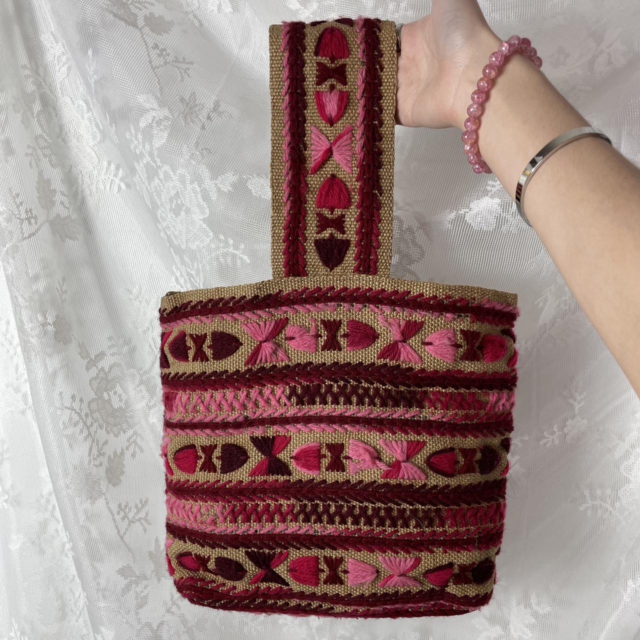 Pink woven/embroidered pink and brown bag! So cute... - Depop